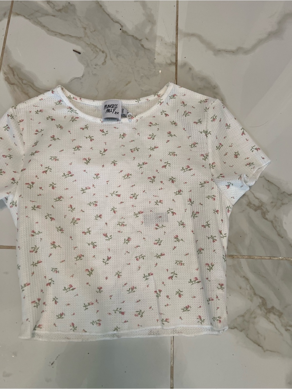 Princess Polly White Floral Short Sleeve Crop Top with Pink Blossoms
